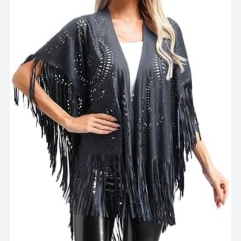 Vegan Leather Black Laser Cut Fringe Poncho Shawl Western Boho Festival
